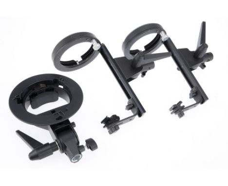 Two Bowens Mount Flash Brackets, black, one end with Bowens mount, one end unknown mount for flash / light, together with a B