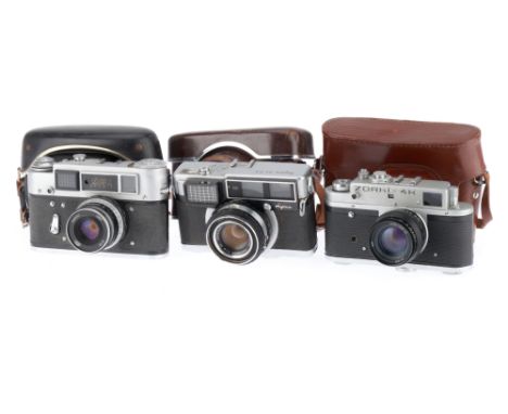 Three 35mm Rangefinder Cameras, to include a FED 4, body P, lens P, a Zorki 4K, body F, lens F, &amp; a Fujica 35 EE, unteste