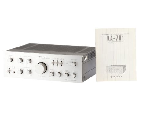 A Trio KA-701 High Speed Integrated Amplifier silver, power light comes on, VG, relay clicks once inside following power-up. 