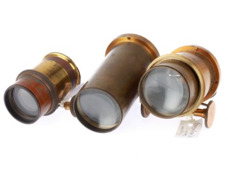 3 Bras Bound Magic Lantern Lenses, including a brass bound lens with rack and pinion focus, an internal lens element with fla