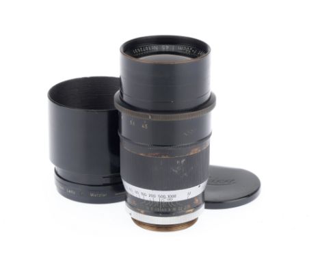 A Leitz Wetzlar Telyt f/4.5 20cm Lens, black, serial number 1072631, barrel F-G, some paint wear, optics F with front cleanin