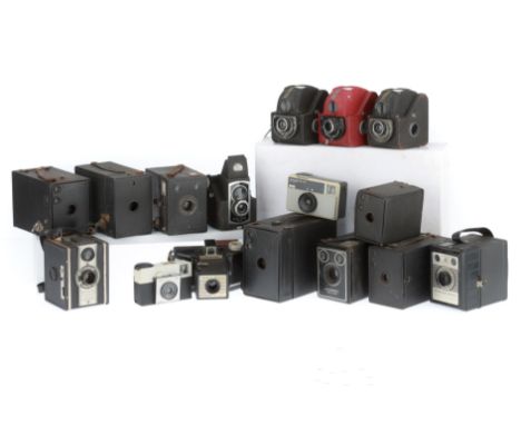 A Large Selection of Box Cameras, to include Ensign Ful-Vue, one red, two black examples, Kodak, and other makes.