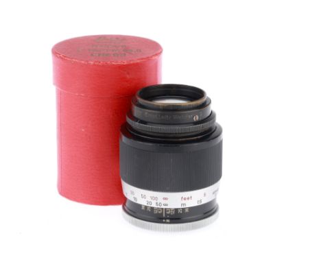 A Leitz Wetzlar OEHBO Hektor f/4.5 13.5cm Lens, black/chrome, serial number 310423, barrel F-G, light paint wear, optics P-F 