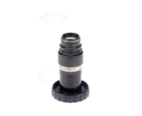 A Leitz Wetzlar Elmar f4.5 135mm Lens, black, iris and focus smooth, optics F with light haze and cleaning marks, in plastic 