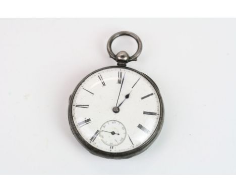 Victorian silver open faced key wind pocket watch, white enamel dial and subsidiary dial, black Roman numerals and poker hand