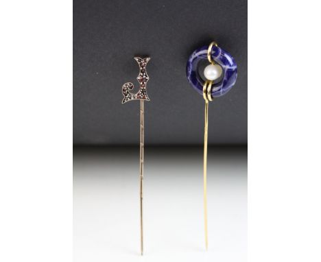 Victorian Bohemian garnet rose metal stick pin, the letter J full set with graduation rose cut garnets, boxed; together with 