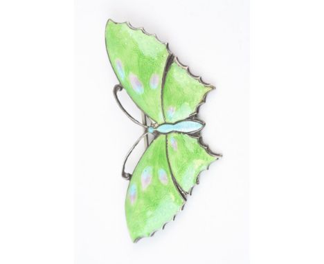 Early 20th century enamelled silver butterfly brooch, blue, green and purple enamel, stamped silver, width approx 6.5cm