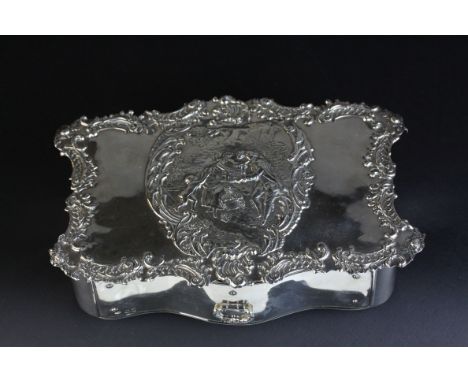 Edwardian silver jewellery/trinket box, cast classical scene depicting man, woman and child in country setting, rose and foli