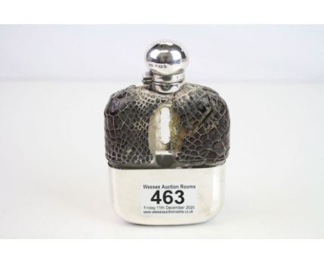 Victorian silver and crocodile leather mounted glass hip flask, the silver cap with bayonet fastening, removable silver cup, 