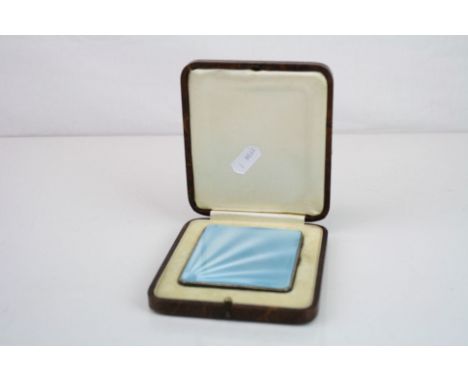 George V enamelled silver cigarette case, guilloche pale blue enamel (chip to corner) engine turned reverse, gilt lined, make