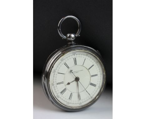 Victorian silver open faced key wind centre seconds chronograph pocket watch by William Williams, white enamel dial, black Ro