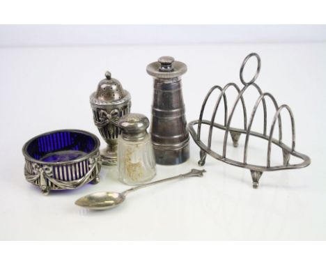 Collection of silver to include a late Victorian silver open salt cellar, pierced body with applied ribbon and bow swag decor