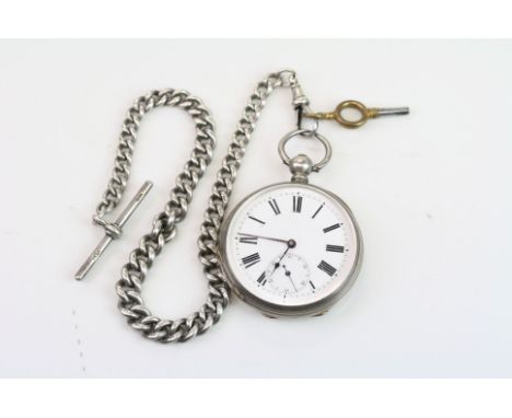 Silver open face key wind small pocket watch, white enamel dial and subsidiary dial, black Roman numerals and poker hands, bl