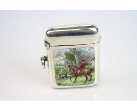 Silver vesta case that has been converted to a lighter, with enamel hunting scene plaque, makers possible Bach &amp; Smith, B