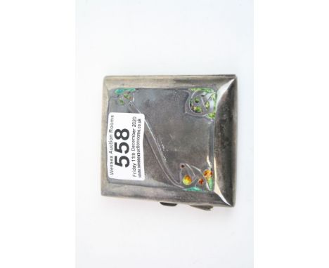 Liberty &amp; Co Arts and Crafts enamelled silver cigarette case, the front with sinuous scrolling decoration and enamelling 