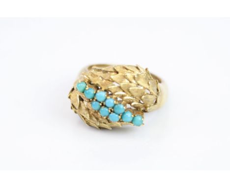 Turquoise 18ct yellow gold crossover style ring, ten small round cabochon cut turquoise stones, claw settings, textured leaf 