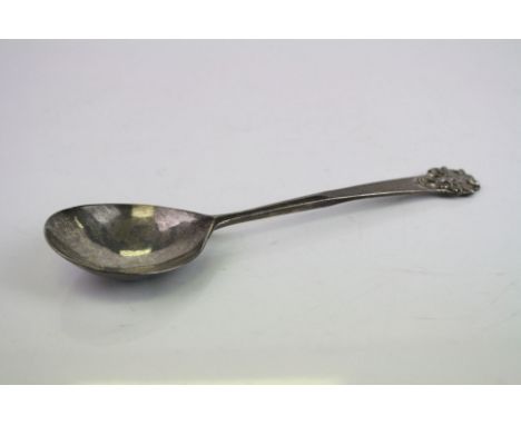 Arts &amp; Crafts silver spoon with cast acorn design in relief to finial, fig shaped bowl, makers Henry Wilkinson &amp; Co, 