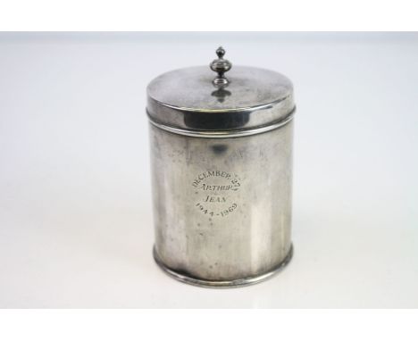Silver tea caddy, cylindrical form, hinged lid with turned finial, engraved personalisation, makers Barker Ellis Silver Co, B