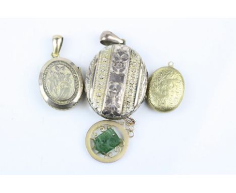 Four lockets and pendant comprising Jade rose metal pendant; yellow metal locket; Victorian garnet and seed pearl yellow meta