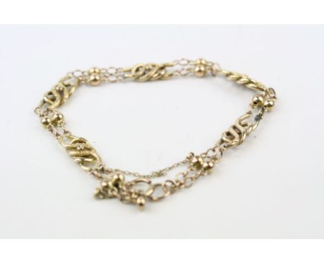 Edwardian 9ct yellow gold fancy link bracelet, 9ct gold pad, bolt ring clasp, safety chain 