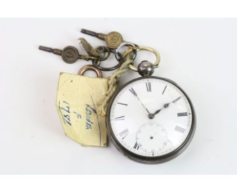 George III silver open face key wind pocket watch by R Shearsmith, London, white enamel dial and subsidiary dial, black Roman