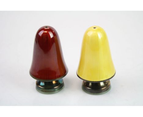 Pair of David Andersen enamelled silver salt cellars of toadstool form, basse-taille red and yellow enamel, height approx 5.5