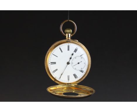 14ct rose gold half hunter top wind pocket watch, white enamel dial and subsidiary dial, black Roman numerals to dial and cas