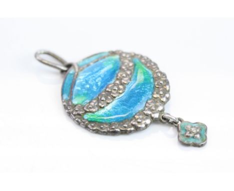 Murrle Bennett Art Nouveau enamelled silver pendant, cast floral decoration in relief with blue-green enamel and enamelled qu
