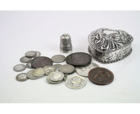 Victorian silver heart shaped trinket box, repousse floral and foliate scroll decoration to hinged lid, blank cartouche, chas