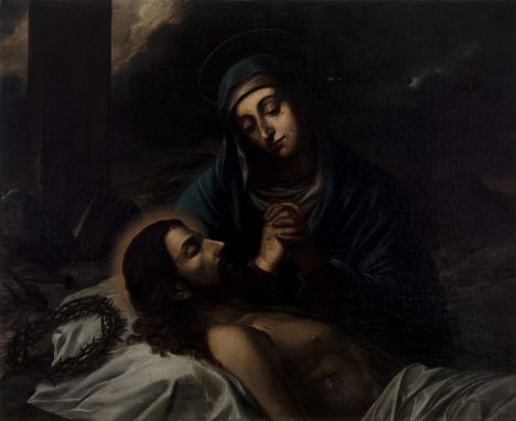 Valencian school, late 17th century, early 18th century."Pietà".Oil on canvas.Measurements: 79,5 x 96,5 cm.In this work of de