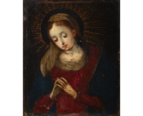 Flemish school of the 17th century."Virgin of the Annunciation".Oil on copper.Measurements: 17 x 14,5 cm; 27,5 x 24,5 cm (fra