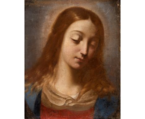 Spanish or Italian school; 17th century."Bust of the Virgin.Oil on canvas. Re-drawn.The canvas of this work has been cut out.