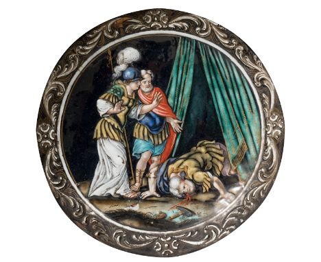 Limoges plate; France, second half of the 17th century.Copper and enamelled.Size: 14 cm (diameter); 22 x 22 cm (frame).A deat