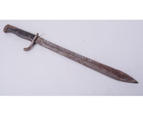 A German 'butcher sawback' bayonet, the 36.5cm blade marked Alex Coppel Solingen, no scabbard, a 'butcher' bayonet, marked Al