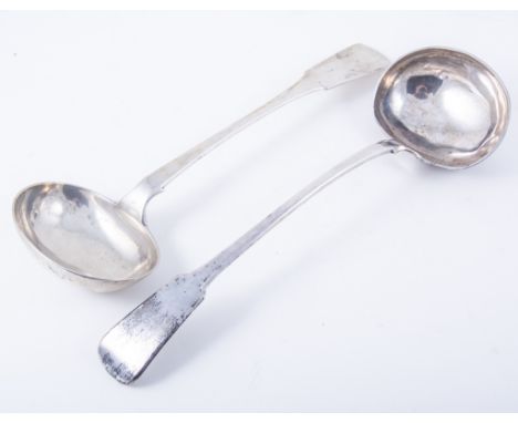Maltese silver ladle, 1832, Fiddle pattern, 33cm, and a similar ladle, 1846, 11oz in total, (2).
