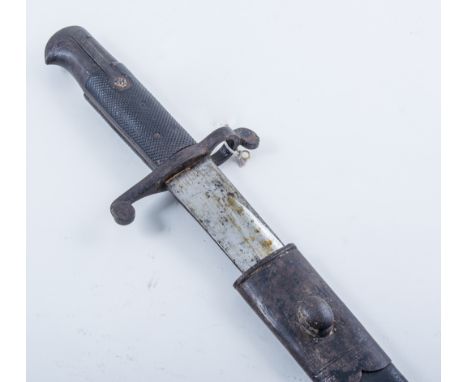 19th century Continental sword bayonet, curved blade, 58cm by Chavasse, steel mounts, leather grip and scabbard.