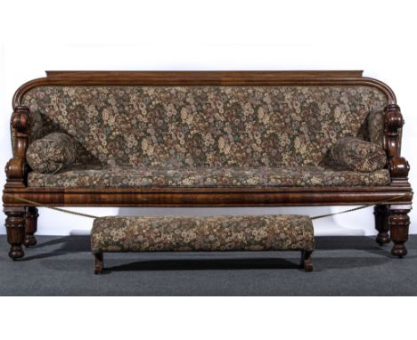 Victorian mahogany sofa, tapestry style spring flower upholstery to the back, arms and seat, and with loose squab cushions to