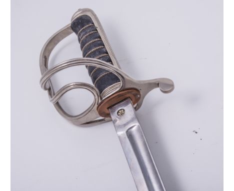 An Infantry sword, 88.5cm blade, two bar hilt, wire bound fishskin grip, with leather covered scabbard.