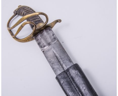 An 18th Century naval sword, 63cm blade engraved AW above anchors 1782, brass two bar hilt marked N216, wooden grip, with lea