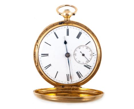 An 18 carat yellow gold full hunter pocket watch, white enamel Roman numeral dial with subsidiary seconds dial, engine turned