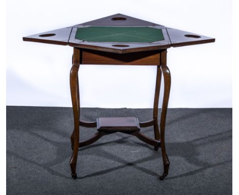 Edwardian inlaid mahogany envelope top card table, each flap with scrolled foliate device, baize lined interior, fitted with 