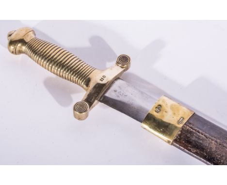 Gladius pattern Infantry sword, the blade marked and the date 1832, leather and brass matching scabbard, No.110, 66cm overall