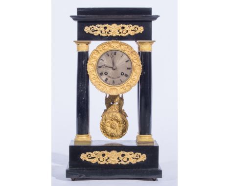 French Empire style ebonised and gilt metal portico clock, silver dial signed Hy Marc, Paris, cylinder movement, likewise sig