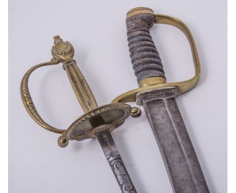 A naval cutlass, 60cm curved blade, brass hilt, fish skin grip, no scabbard, and a court sword, 80cm engraved marked Ranken &