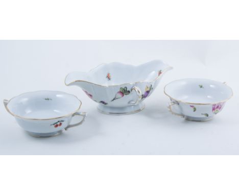 Herend porcelain dinner service, modern, with basket weave moulding, decorated with fruit and insects, comprising a pair of c