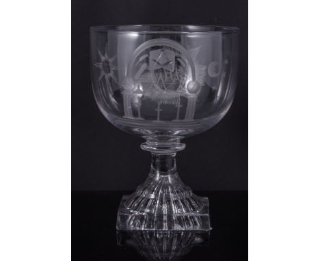 Masonic interest; cup bowl rummer, circa 1800, the bowl engraved with Masonic symbols and a monogram in a cartouche, angular 
