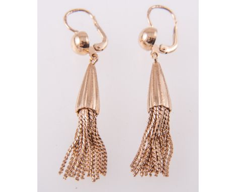 A pair of tassel drop earrings, the yellow metal thirteen strand S links tassel drop with fluted caps suspended from button s
