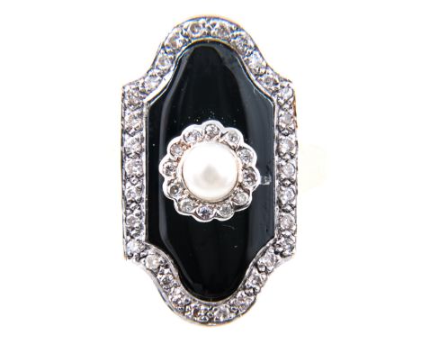 A black onyx, pearl and diamond dress ring, a frame of thirty diamonds surrounding a slice of black onyx with cluster to cent