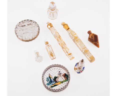 Victorian faceted glass scent phial, gilt decoration, with stopper, 12cm; two others, 13cm and 5.5cm; small opaque glass scen