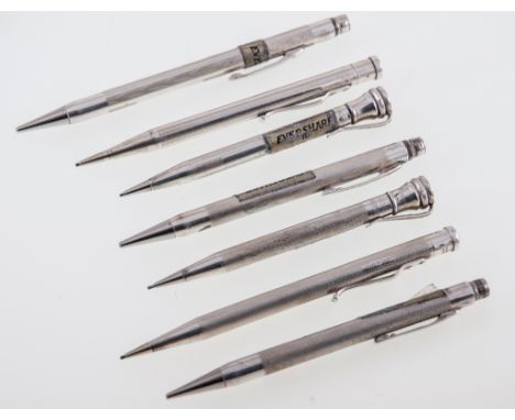 Seven silver Eversharp pencils, various engine turned and plain barrels, 10cm to 13cm long, circa 1950's, not boxed.Footnote: